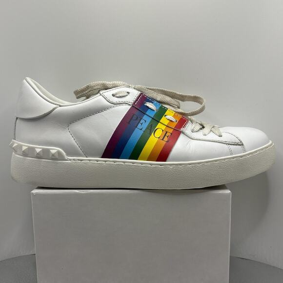 Valentino Shoes - Valentino Garavani Rainbow Rockstud Sneakers Peace Love White